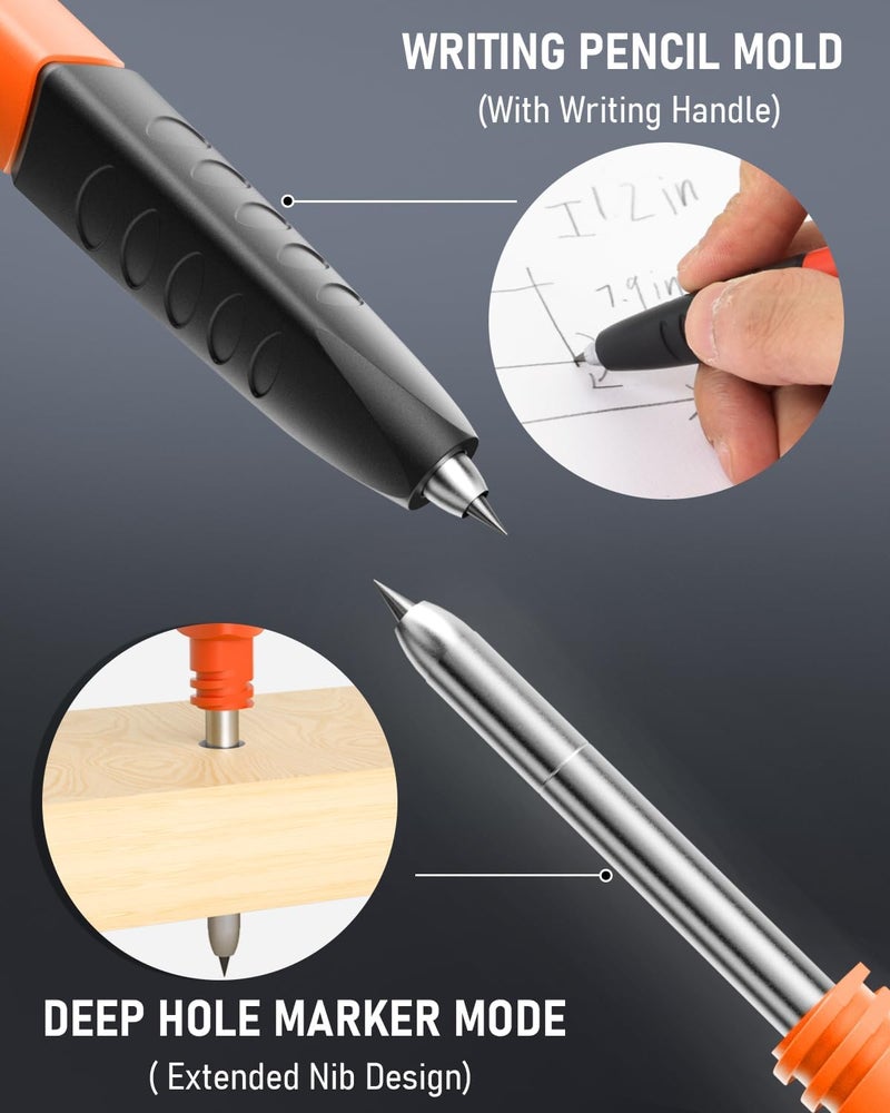 Nicpro Upgraded 3-IN-1 Carpenter Pencils with Sharpener & Finger Grip, Construction Pencil with 13 Leads, Deep Hole Marking Tool, Solid Mechanical Pencil for Carpenters Scriber Architect Woodworking - Image 2